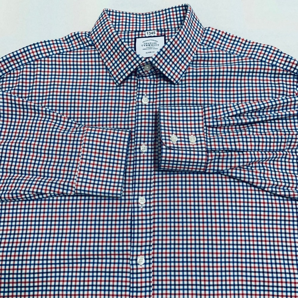 Charles Tyrwhitt Shirt Men's 18/35 Red Blue Check Long Sleeve Classic Fit Cotton